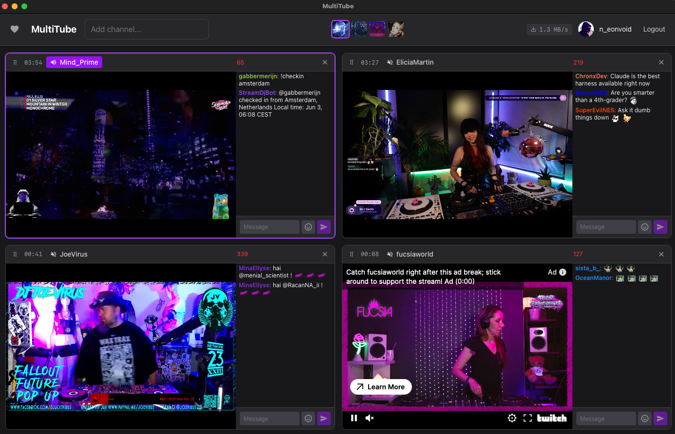MultiTube app showing four live Twitch streams in a 2×2 grid, each with its own chat, with one stream active for audio